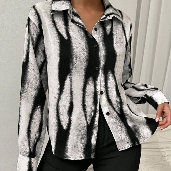 Black and White Casual Women's Long Sleeve Business Shirt - Picture 6 of 7